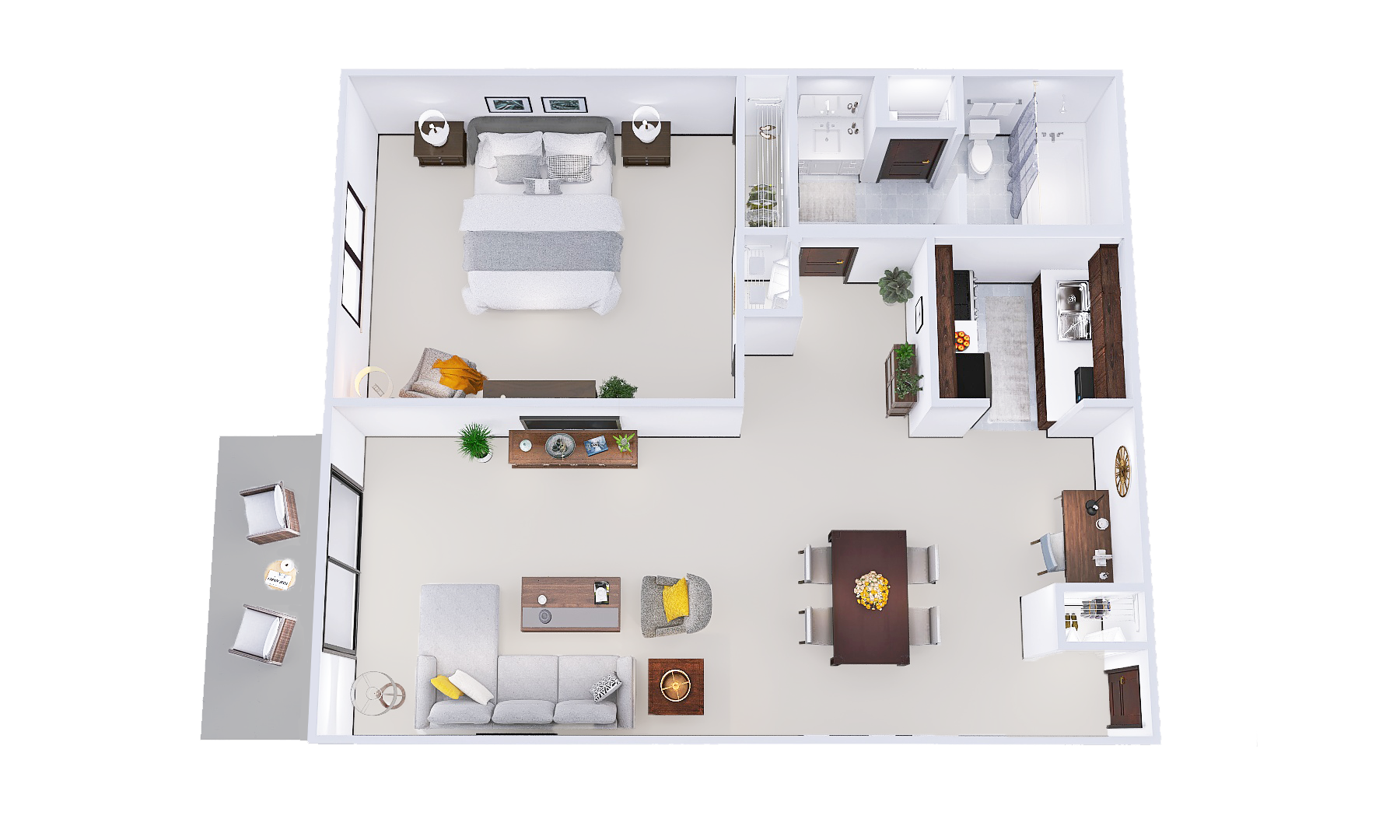 Floor plan for 1 bed, 1 bath, 755 sqft